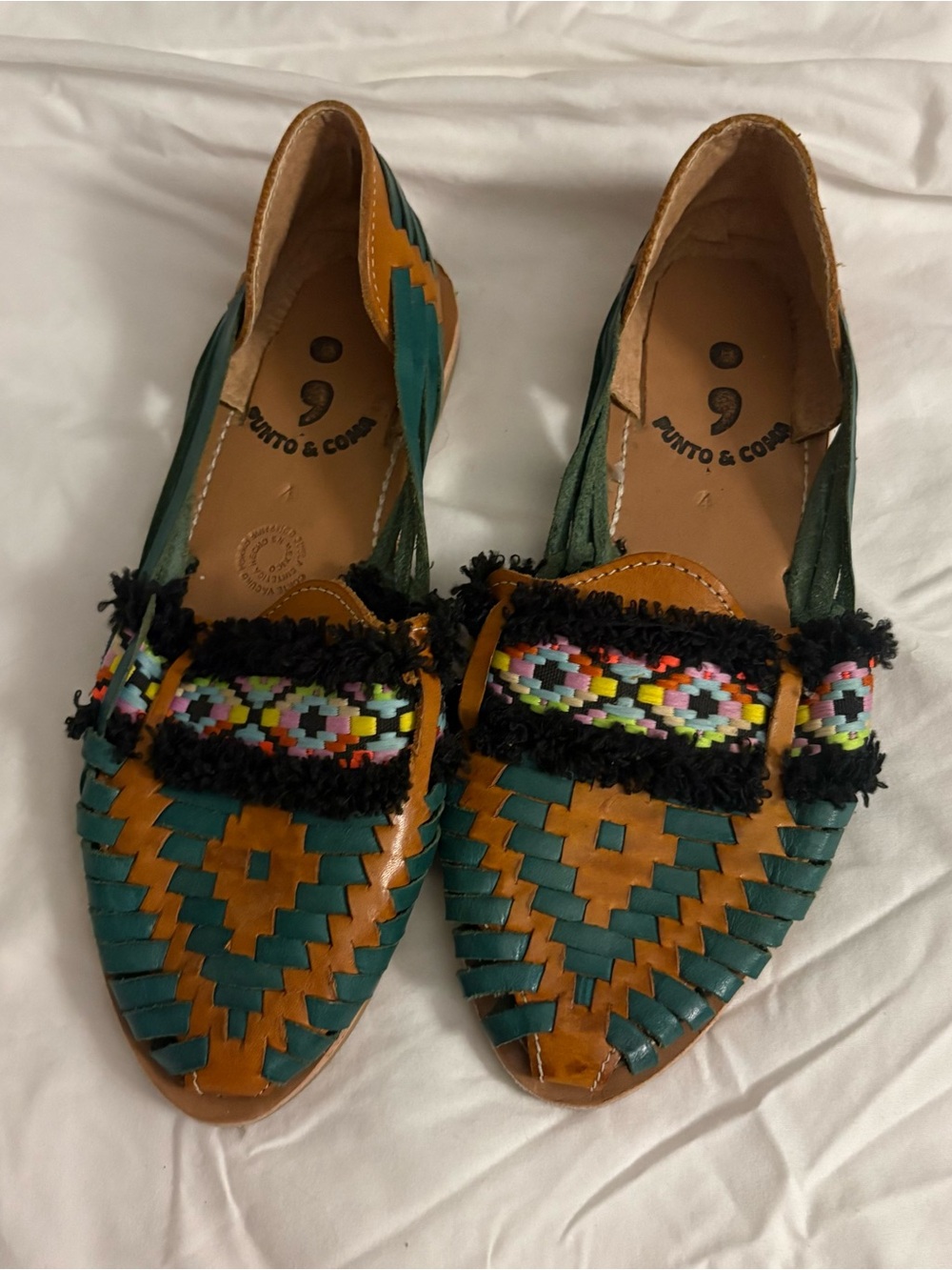 artisan flats made in Mexico 7.5/8 punto & coma Bohemian unique teal leather